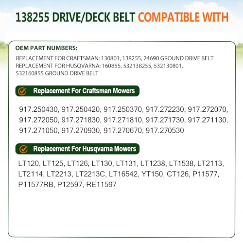 Image of 138255 Drive Deck Belt 1 /2 inchx95.25 inch for Craftsman Husqvarna AYP Aramid Cord | Fits Craftsman Husqvarna AYP LT /YT series,replaces 532138255 160855 130801 24690 532130801 532160855