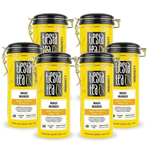 Image of Tiesta Tea - Maui Mango, Loose Leaf, Mango Pineapple Herbal Tea, Premium Non-Caffeinated Blend, Make Hot or Iced, Brews Up to 50 Cups, 33 Ounce Refillable Tin, Pack of 6