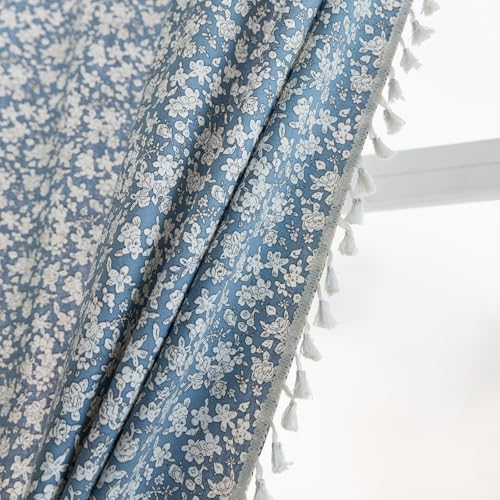 ENJOYBRIDAL White Floral 63 Inch Curtains 2 Panel Set Semi Sheer Blue Drapes for Bedroom Girl Short Farmhouse Window Curtain Panels Tassel Living Room Rod Pocket Boho Patterned Print Window Treatments