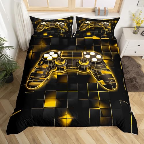 Couvre lit carré géométrique et housse de couette gamer 240x260 jaune