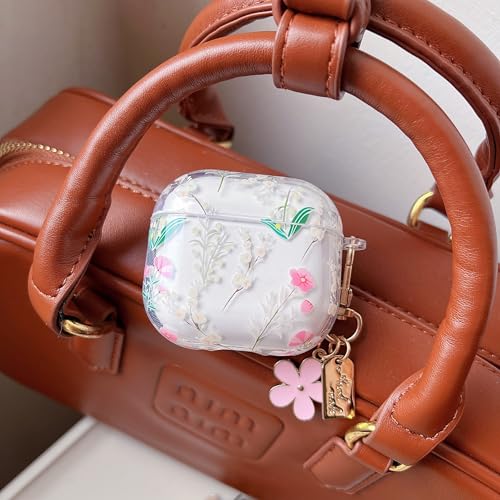 Image of MINSCOSE for AirPods 4 Clear Case,Cute Flowers Leaves Pattern Design with Kawaii Floral Keychain,Soft Silicone Protective Shockproof Cover with Cleaner Kit for Girls Women-Pink