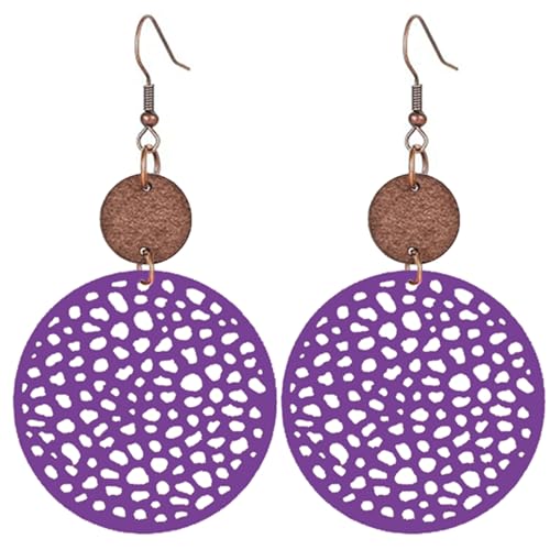 MALOYANVE Boho Wooden Earrings for Women Bohemian African Round Geometric Wood Earrings Vintage Hollow Out Circle Earrings Handmade Lightweight Dangle Drop Statement Wooden Earrings Jewelry Gifts