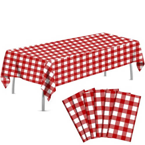 Image of tujol Red and White Checkered 6 Pack Plastic Table Cloth 54 inch x 108 inch