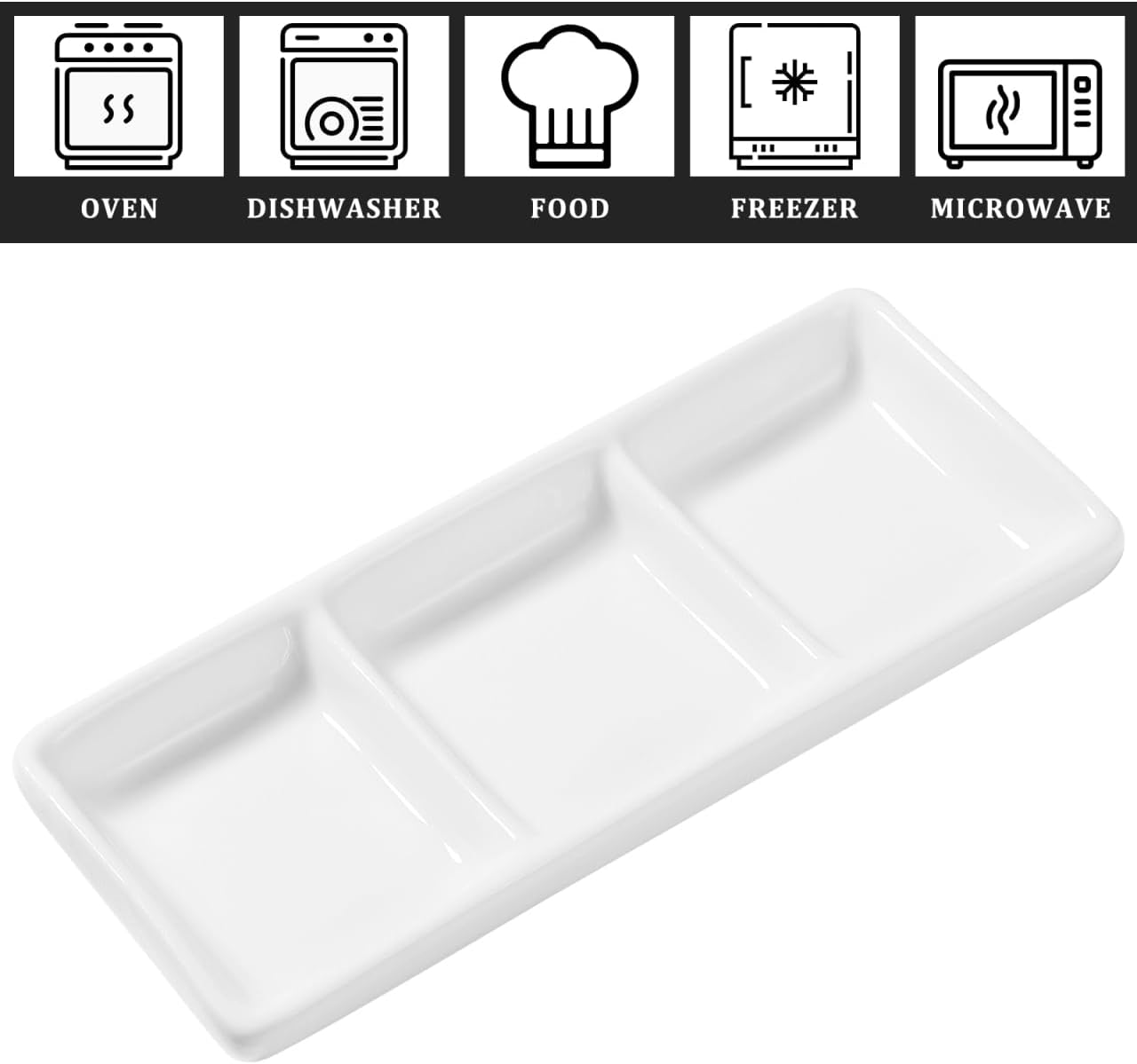 Cabilock 2PCS Ceramic Divided Sauce Dish, 3-Grid Rectangle Condiment Serving Tray, 6 Inch Appetizer Serving Platters for Home Kitchen Restaurant, White - Image 9