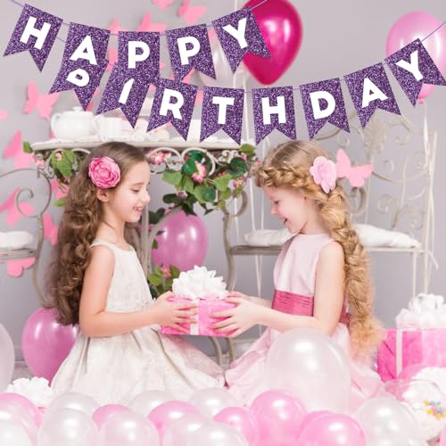 Image of Hooqict Purple Happy Birthday Banner Garland Sign for Backdrop Women Girls Purple Birthday Party Decorations Supplies Wall Door Party Banner