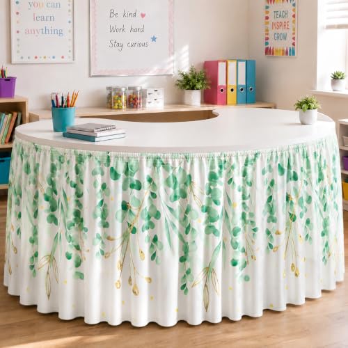 Image of 14FT Ruffle Eucalyptus Table Skirt Sage Green Teacher Desk Skirt for Classroom Decor Rectangle Table Cloth for Back to School Decorations Baby Shower Party Supplies Home Office Dorm Bookcase Cabinet