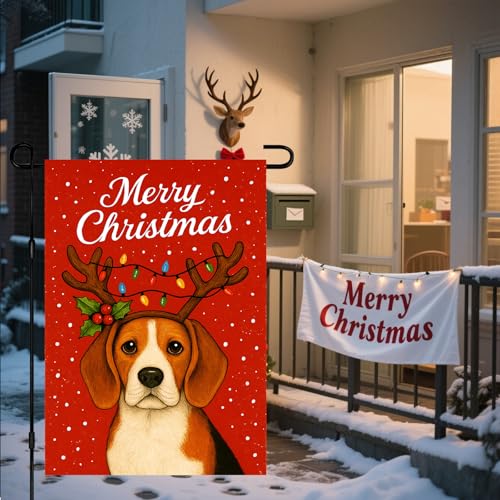 Image of BlissYard Christmas Garden Flag 12x18 Inch Welcome Beagle Dog Outdoor Flag Double Sided Holiday Puppy Yard Banner with Antlers and Holly for Porch Lawn Patio