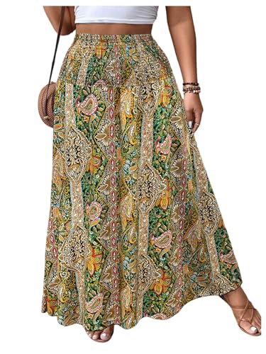 WDIRARA Women's Plus Size Paisley Print Boho Maxi Skirts High Waist Smocked Ruffle Hem A Line Skirt