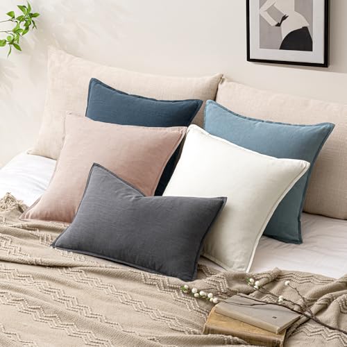 Image of Decorative Linen Solid Throw Pillow Covers Boho Accent Farmhouse Pillows Modern Valentines Home Decor for Couch Sofa Living Room Bed 20x20 Inch Set of 2,Light Pink