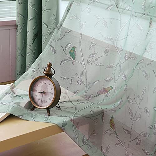 TIYANA Home Decorative Birds and Tree Pattern Green Voile Sheer Curtains Window Crushed Sheer Perspective Curtains Sheer Panels for Boyâ€™s Room Kid's Room Rod Pocket 54" X 84", 1 Panel
