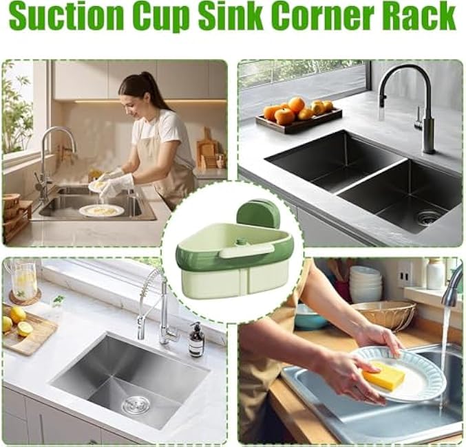 Corner Sink Strainer, Suction Cup Sink Corner Rack, Sink Strainer Basket, Suction Cup Press Sink Drainer Basket, Automatic Dumping, Faucet Sponge Storage Rack, Trash Catcher for Food Waste (Green)