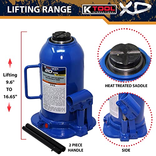 K Tool International Xd63221 20 Ton Hydraulic Bottle Jack For Garages, Repair Shops, And Diy, 44,000 Lbs. Capacity, Lift Range 9.6"-16.65", Heavy Duty Steel, Load-Limiting/Bypass Valves, Blue #TOP2