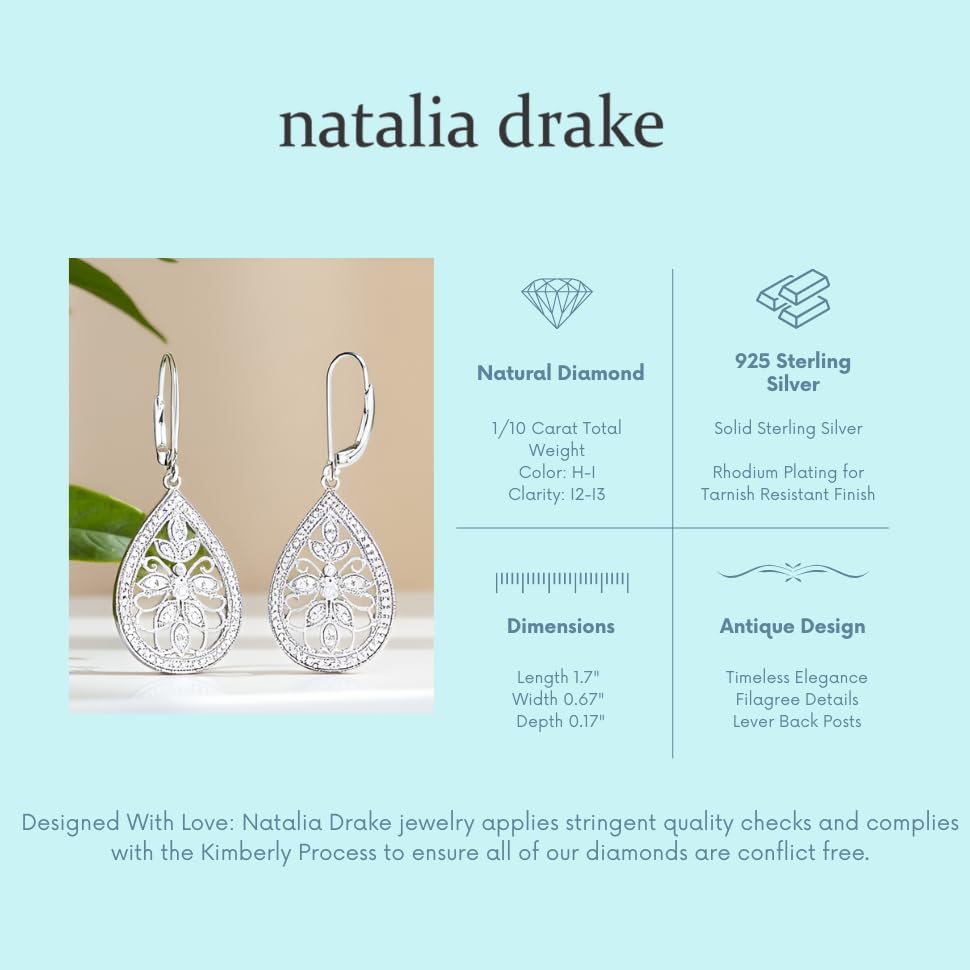 Natalia Drake Large Antique Style Teardrop Dangle Leverback Bridal 1/10 Cttw Diamond Earrings for Women in Rhodium Plated 925 Sterling Silver4