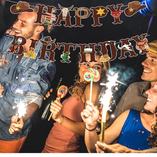 Image of Western Cowboy Theme Wild West Party Decoration,Pre-Strung Happy Birthday Banner,Retro Horse Rodeo Party Supplies for Boys,Cowboy Hat Horses Garland for Boys Birthday Party