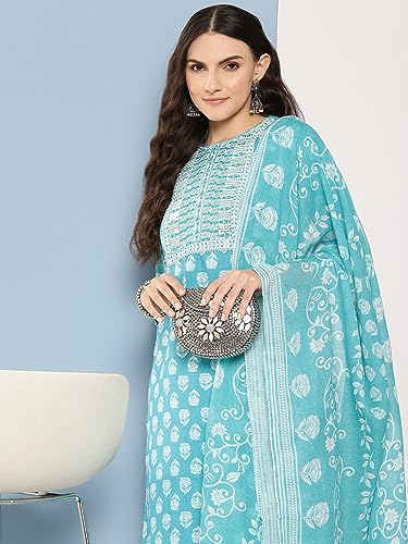 Image of INDO ERA Women's Printed Pure Cotton Kurta With Pant & Dupatta Set (23APR040)