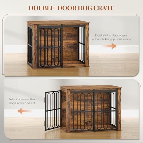 HEXCELEN Hundekäfig-Möbel aus Holz, 81 cm Hundebox für Zuhause, Hundekäfig mit 2 Türen, Schiebetüren, für Kleine, Mittlere Hunde, Robuster, Beistelltisch, 81 × 55 × 62,4 cm, Braun