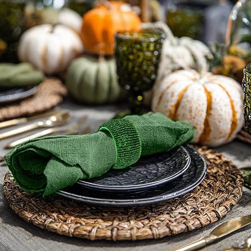 Image of COTTON CRAFT Glitz Beaded Napkin Rings - Set of 12 - Handmade Dark Green Napkin Ring Holders for Dining Table Decor - Elegant Beaded Napkin Rings for Weddings, Parties, Brunch, Holiday Table Settings