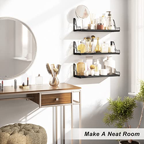 SRIWATANA Floating Shelves Wall Mounted Set of 3, Storage and Decorative Wood Shelf for Bathroom, Bedroom, Living Room, Kitchen, Laundry Room (Black) - Thumbnail 7