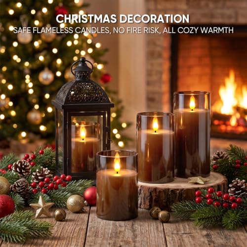 Image of Raycare Battery Operated Flameless Pillar Candles with Remote Timer, Gray | LED Acrylic 3D Flickering Warm Glow for Fall Home Decor, Hotel Spaces, Halloween, Thanksgiving Dinners, Christmas, Set of 3