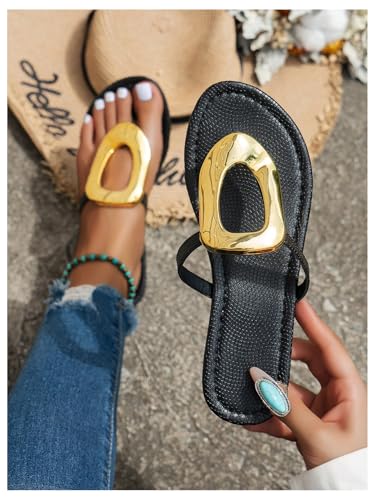 Image of GORGLITTER Women's Gold Flip Flops Square Toe Summer Sandals 2026 Wedding Dressy Vacation Beach Slides Shoes