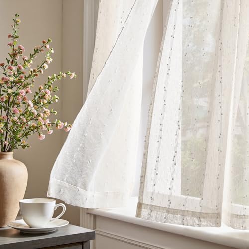 TOPICK Scheibengardinen 2er Set Bistrogardinen mit Punkten Leinen Landhausstil Boho Kurzgardine halbtransparent, H90 x B65 (cm) Leinenoptik Vorhänge mit Tunnelzug Küchenvorhang Wohnzimmer Weiß