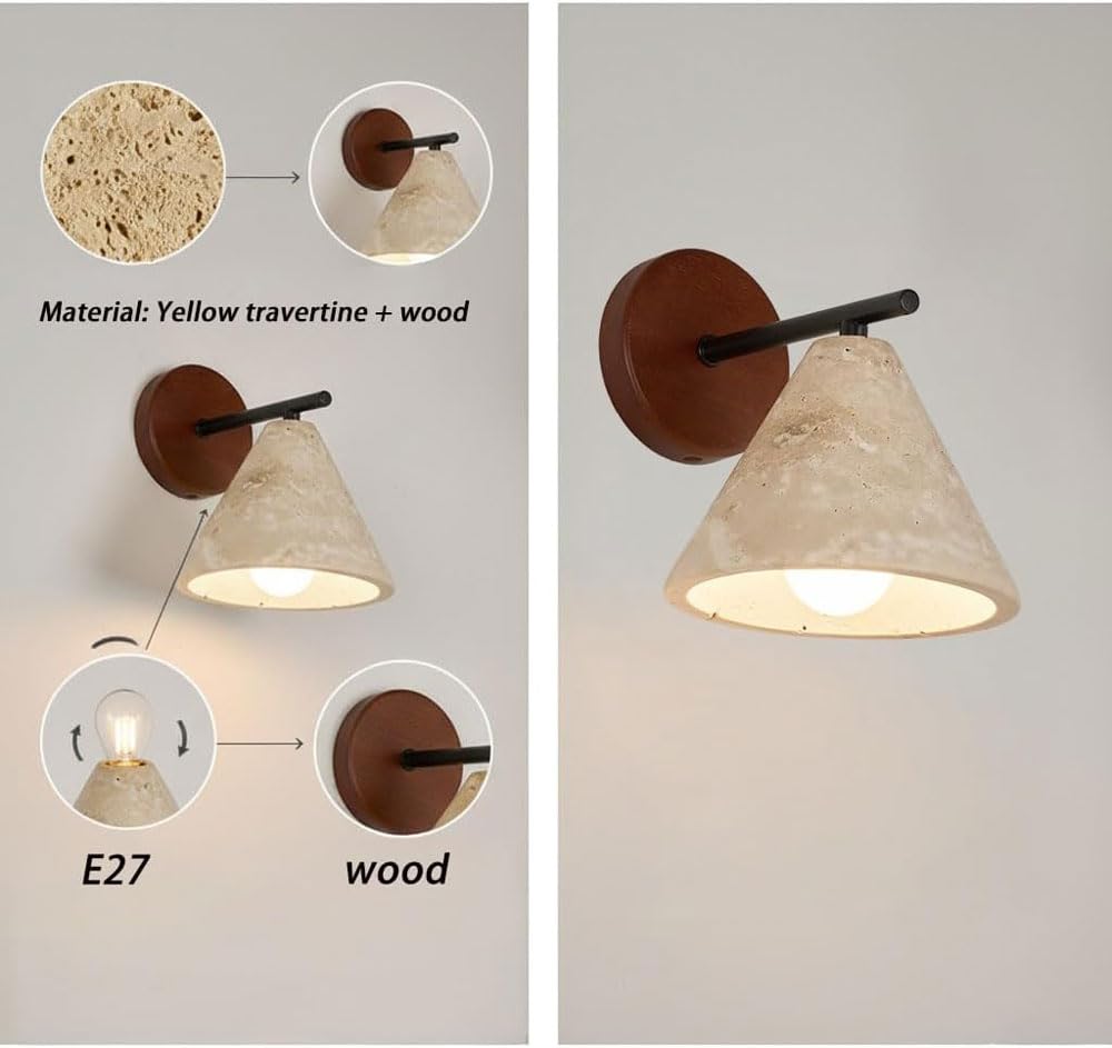 Applique da parete in travertino giallo con sorgente luminosa E26, lampada da parete industriale in pietra naturale, lampada da interno con cablaggio fisso, apparecchi di illuminazione decorat