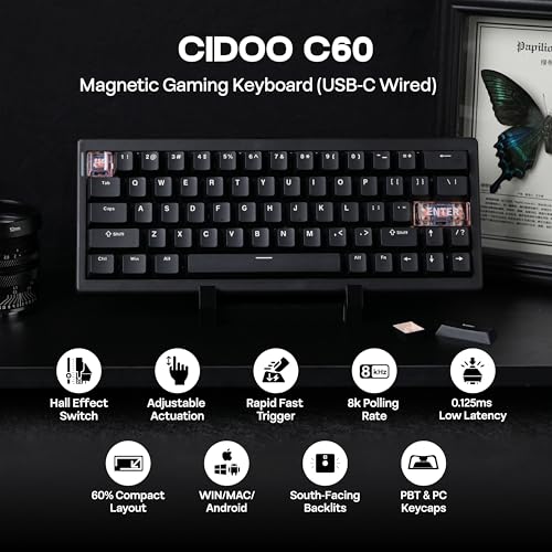 Image of MechLands CIDOO C60 HE Wired Rapid Fast Gaming Keyboard with Silent Magnetic Switch, Hall Effect Keyboard with 8K Polling Rate, 0.125ms Latency, 63-Key Compact Layout, Hot-Swappable (Black)