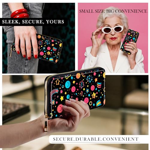 RFID-Blocking Zip Around Wallets for Women with Detachable Wrist Strap,Large Capacity Phone Holder with Card Organizer & Coin Pocket,Planet Smiling Face Star4