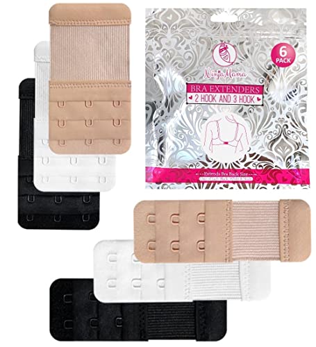 Image of Ninja Mama Bra Extender 2 Hook & 3 Hooks Bra Extenders & Pretty Storage Bag. Pack of 6 – One of Each Black, White and Nude. Bra Strap Extender for Pregnant and Postpartum Women