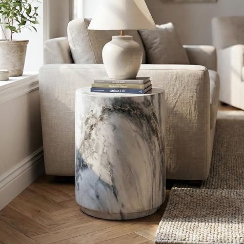 24/7 Shop at Home Ranera Modern 14-inch Natural Stone Side Table with Round Drum Base Marble Nightstand Patio End Table for Living Room Covered Outdoor Spaces Balcony Blue Gray Marble