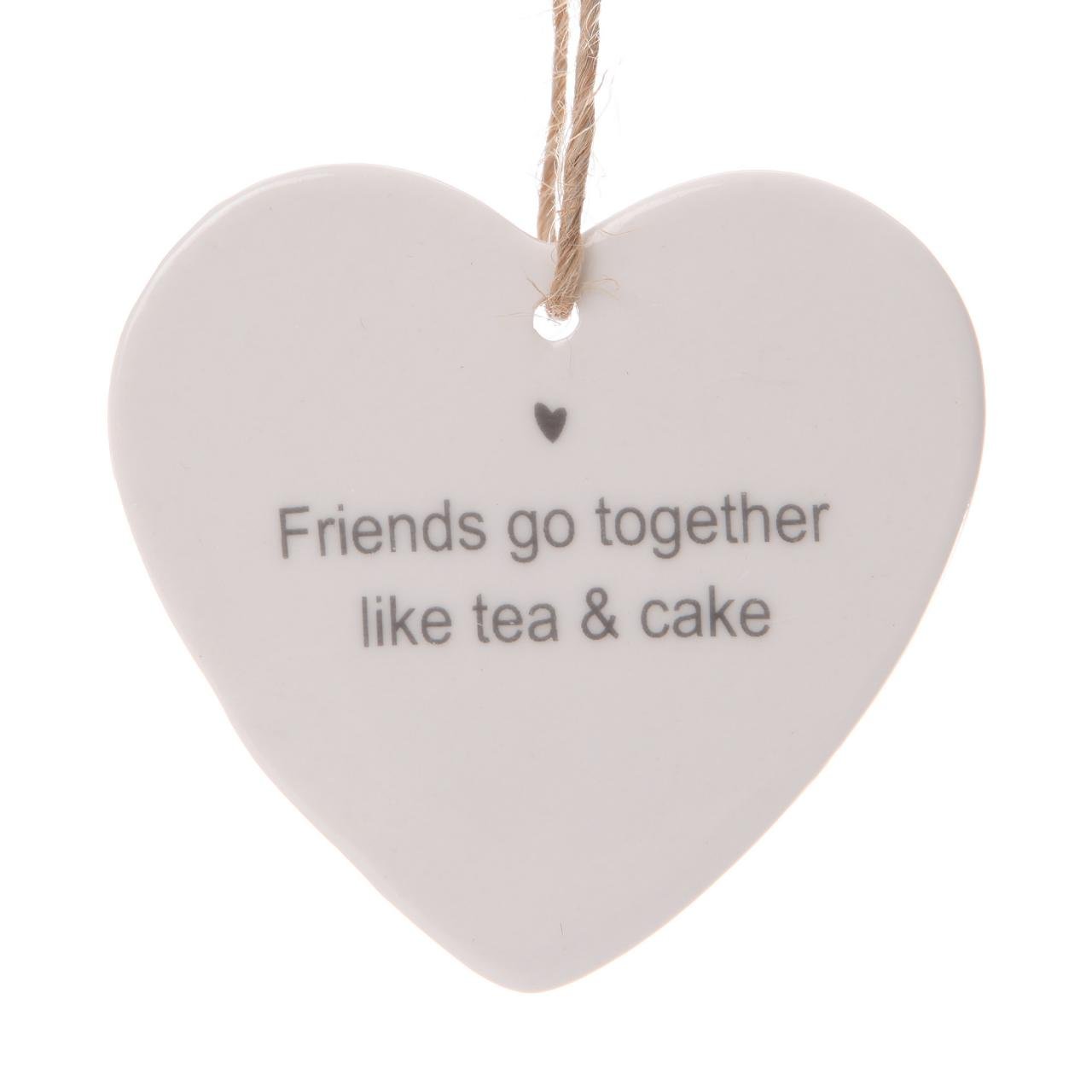 Shruti White Ceramic Hanging Heart Sentiment Plaque Decoration - Friends Go Together Like Tea & Cake