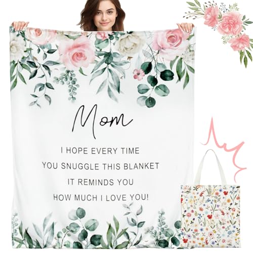 Mocsicka Mom Blanket for Mom - Ultra Soft Sherpa Fleece Throw from Daughter Son 50x60 Inch Cozy Lightweight Luxury Throw for Women Set with Floral Tote Bag