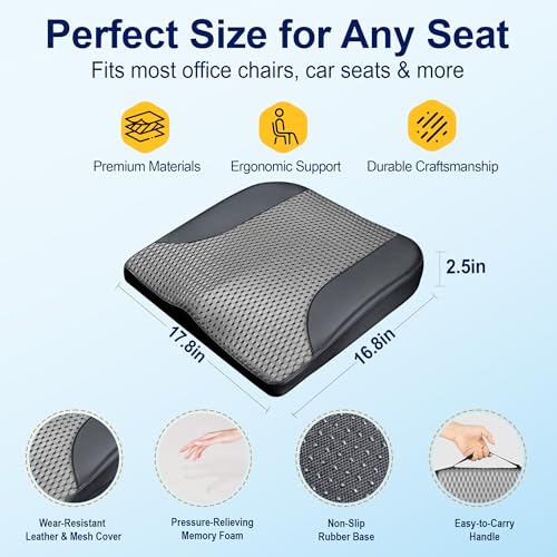 Image of kingphenix Car Seat Cushion - Memory Foam Pad for Driving Comfort - Boosts Height and Relieves Coccyx & Lower Back Pain - Car, Truck, Office Chair (Leather Black & 4D Mesh Gray)