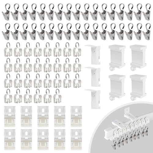 EFUTURETIME 81 Piezas de Accesorios para Riel Cortinas, Rodillos de Riel de Cortina, Tapas de Extremo para Riel, Clips de Gancho para Cortinas, Soportes de Montaje para Rieles de Cortinas, Blanco