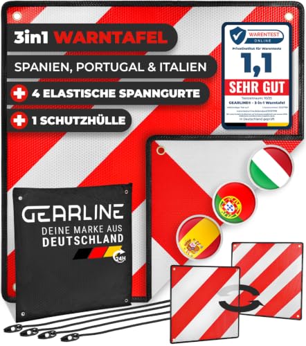 GEARLINE 3-in-1 Warntafel für Italien Spanien & Portugal [inkl. 4 Spanngurte & Schutzhülle] - Warnschild für Heckträger bei Reisen nach Spanien Portugal & als optische Kennzeichnung für Italien