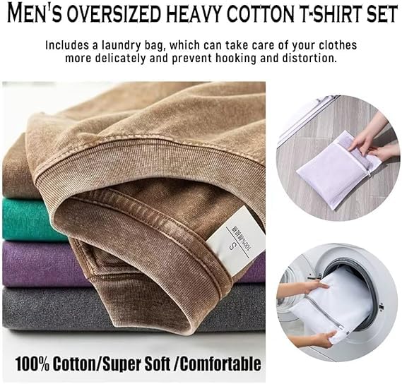 2PCS Men Oversize T-Shirt Men's Heavy Cotton Summer T-Shirt tee Loose Fit Short Casual Wash Solid Basic tee Tops (M,03)