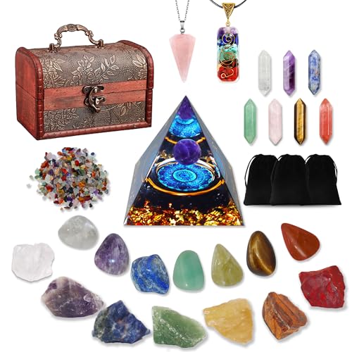 29pcs Kristall Edelsteine Set,Kristalle Heilsteine Set 7Kristalle Steineund 7Chakra-Steine,7Sechseckiger prismatischer Chakra-Stein,2Kristall-Halsketten,Kristallpyramide,Edelsteine Heilsteine Geschenk