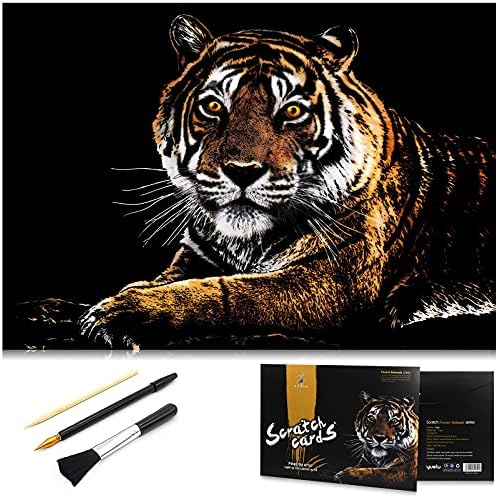 Animal Scratch Art Rainbow Painting Paper, Engraving Art & Craft Sets, Creative foil Scratch Art Toys Gift, DIY Sketch Card Scratchboard for Kids & Adults, Women - 16'' x 11.2'' with 3 Tools (Tiger)