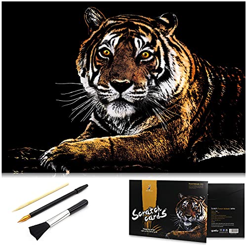 Animal Scratch Art Rainbow Painting Paper, Engraving Art & Craft Sets, Creative Foil Scratch Art Toys Gift, Diy Sketch Card Scratchboard For Kids & Adults, Women - 16'' X 11.2'' With 3 Tools (Tiger) #TOP8