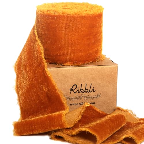 Ribbli Terracotta Velvet Ribbon 2 Inch Handmade Frayed Vintage Burnt Orange Christmas Ribbon for Gift Wrapping Tree Ornament Wreath Craft Home Decor -3 Yards
