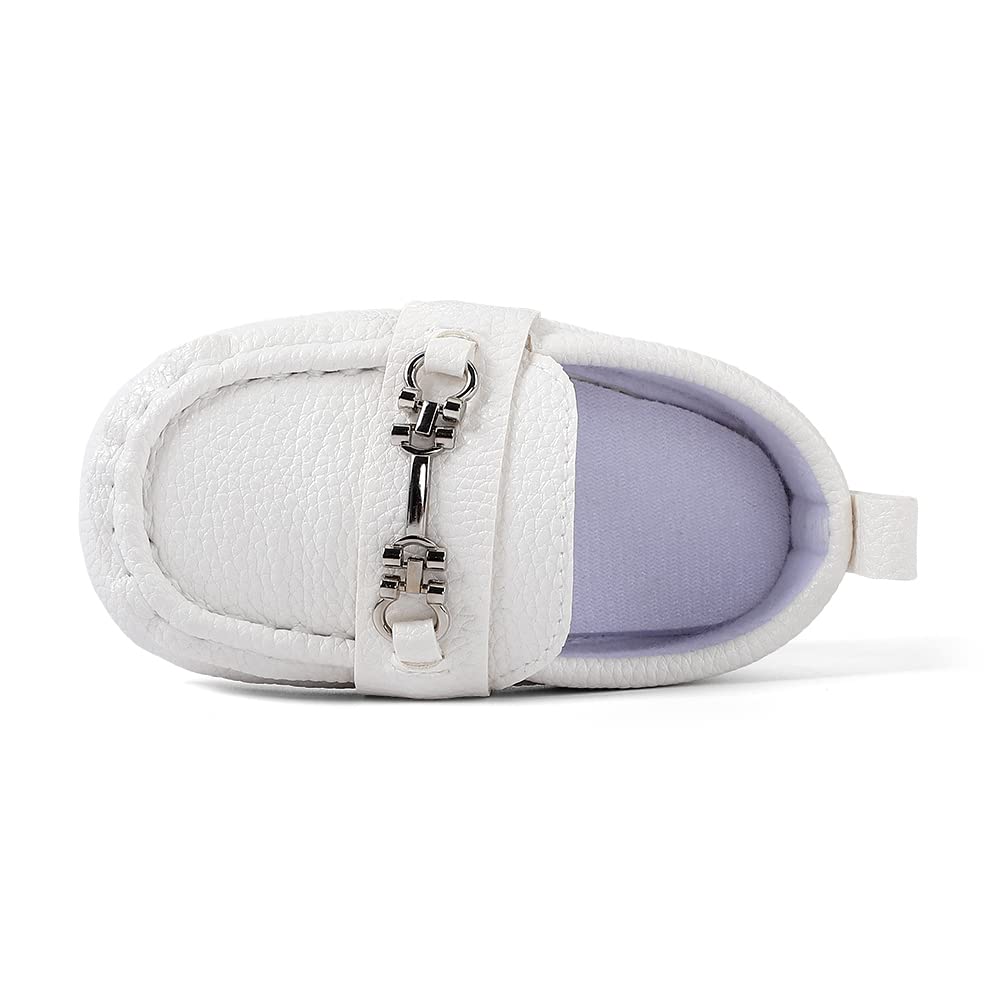 ESTAMICO Infant Boys PU Leather Loafers Dress Shoes Slip on Oxford Flat Shoes, White, 6-9 Months