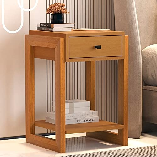 Mesa de Cabeceira Minimalista 1661 com Sustentação Lateral em Madeira Maciça 1 Nicho e 1 Gaveta Natu