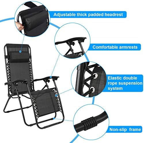 Folding Recliner Zero Gravity Garden Chair Set of 2, Heavy Duty Textoline Sun Lounger with Folding Table and Adjustable Head Pillow -Outdoor Garden Chair for Garden Patio Camping (black)