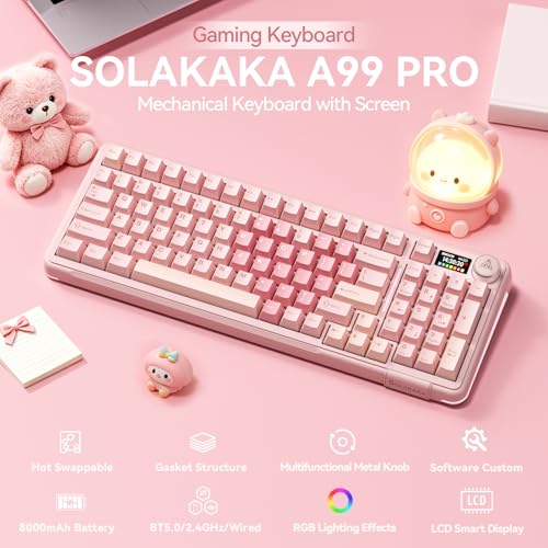 Image of SOLAKAKA A99 Pro Wireless Gaming Keyboard with LCD Screen & Metal Knob, 96% Layout Mechanical Keyboard, 2.4GHz /BT5.0 /USB-C, Hot Swappable, Creamy Keyboard with Gasket Structure, RGB, for Win /Mac
