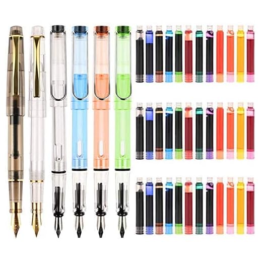 GOLDGE Pluma Estilográfica con 36 Cartuchos de Tinta，Pluma de escritura Perfecto Regalo para Niños y Adultos, Bolígrafos de Colores transparentes seis color, 6 Tipos de Puntas