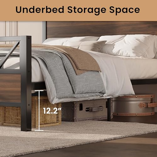 Image of LIKIMIO King Bed Frame, Tall Industrial Headboard 51.2 inch, Platform Bed Frame with Strong Metal Support, Solid and Stable, Noise Free, No Box Spring Needed, Easy Assembly, Walnut