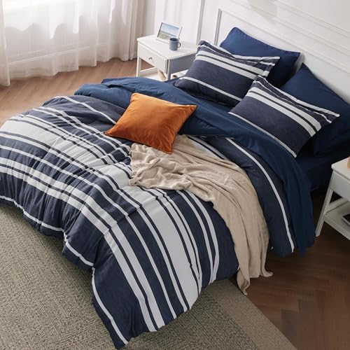 Bedsure Twin Comforter Set 5 Pieces, Blue Striped Bedding Set for All Seasons, Reversible, Cationic Dyeing Bed in a Bag with Comforter, Sheets, Pillowcase & Sham
