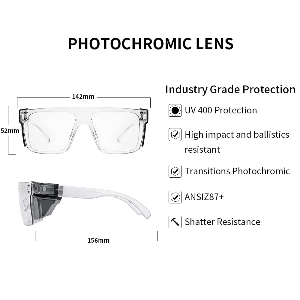 UV400 przejściowe fotochromowe okulary ochronne od jasnej do ciemnoszarej soczewki ANSI Z87 zatwierdzone