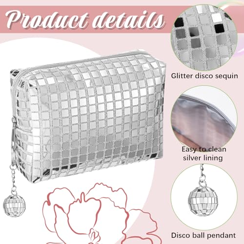 6 Pack Large Capacity Disco Cosmetic Bags Portable Silver Glitter Sequin Makeup Organizer with Zipper Disco Ball Rectangular Quilted for Bachelorette New Years Eve, 70s, 80s, 90s Party Favors3