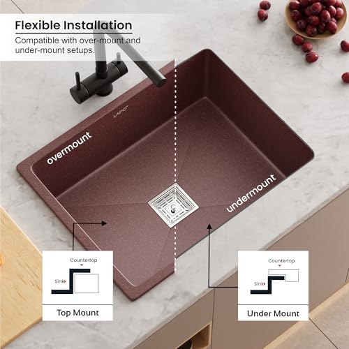 Image of LAPO Quartz Basin for Kitchen | 24x18 Inch UV Resistant Surface Basin | Low Water Noise & Single Bowl Sink with Tap Hole | Sink with Coupling, Waste Pipe & Drain Basket | 3 Yrs Warranty(Brown Finish)